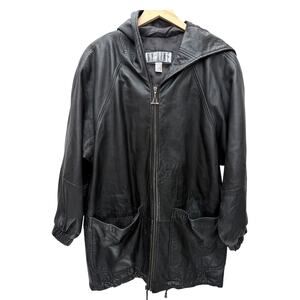 NY Line Mens Genuine Leather Jacket Black Zip Up Hooded Medium